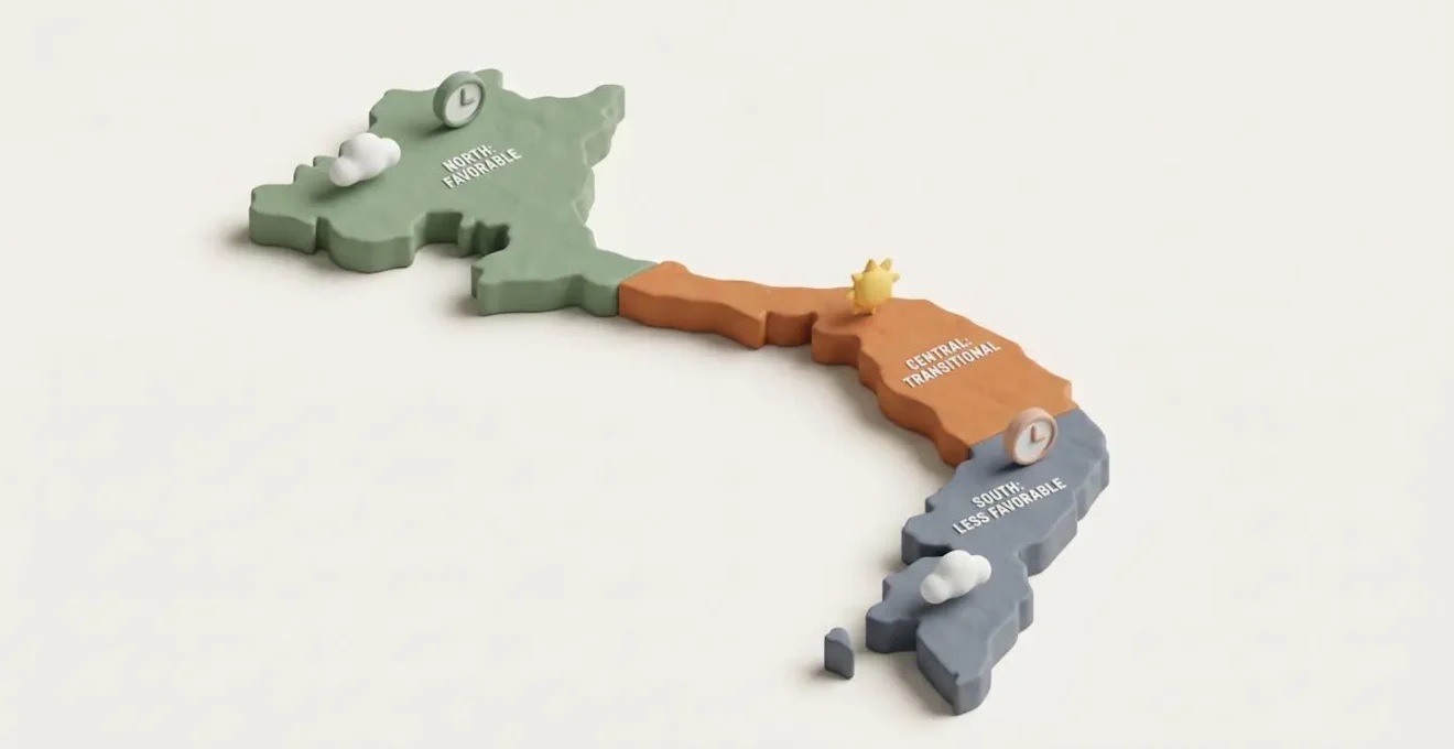 Carte 3D isométrique du Vietnam montrant les périodes optimales par région