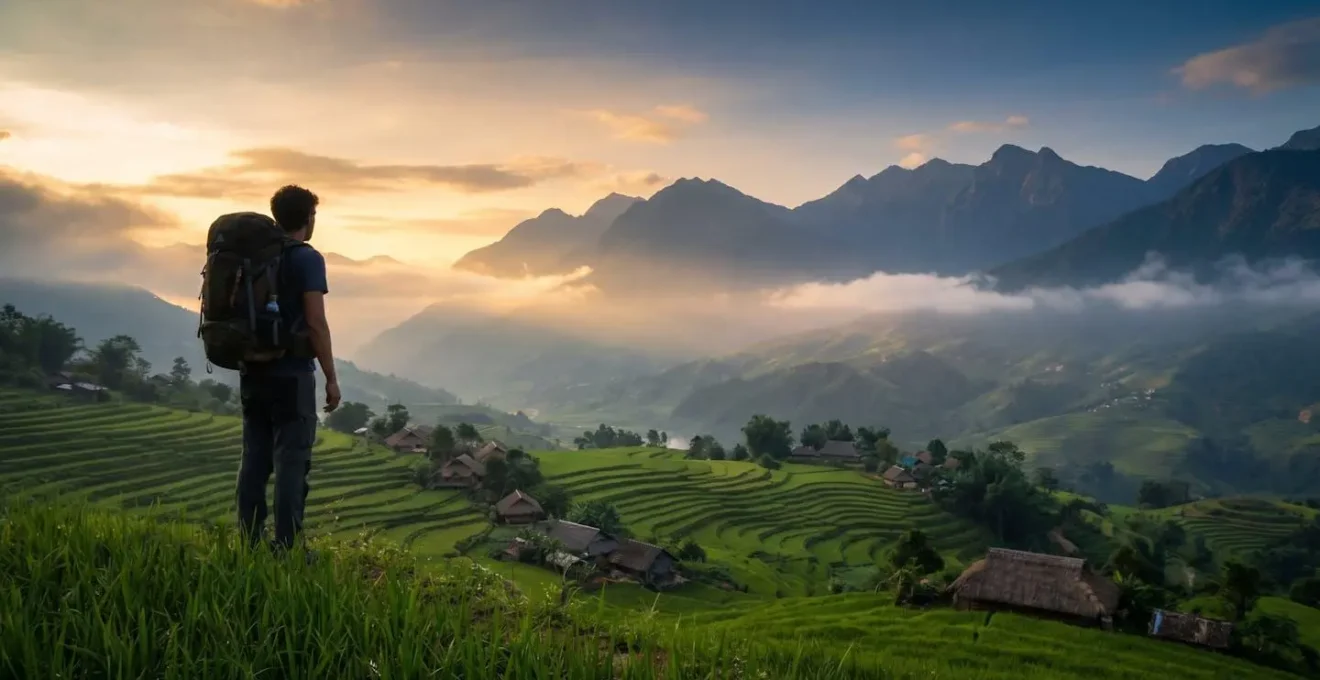 Un voyageur contemplant des rizières en terrasses et des montagnes au Vietnam