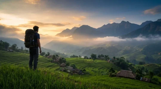Un voyageur contemplant des rizières en terrasses et des montagnes au Vietnam